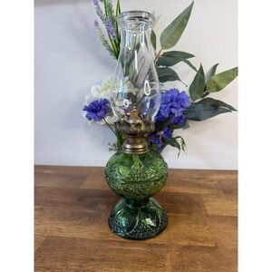 Vintage Green Glass Oil Lamp Hurricane Lamp Emerald Pressed Glass Farmhouse